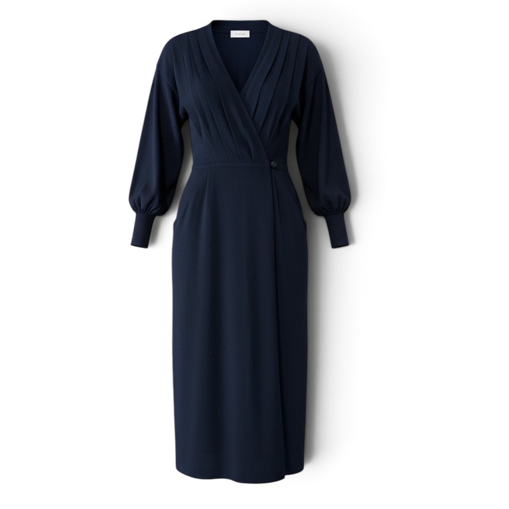 Neiman Marcus Vintage Navy Blue 100% Wool Knit Pleated Wrap Midi Dress Size 12